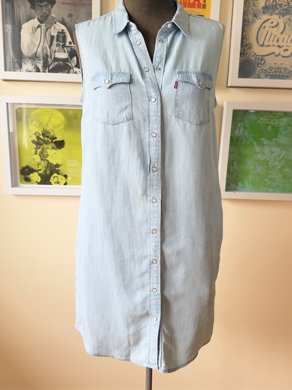 Levi’s Light Wash Denim Sleeveless Shirt Dress | Pearl Snap Western 90s America